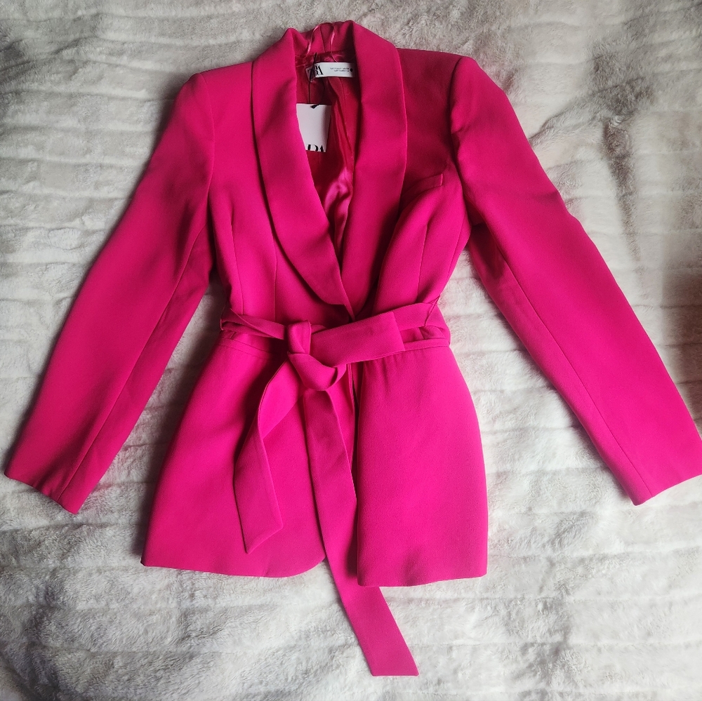 ZARA Zw co-ord set Tuxedo Collar Blazer Belted + Pants neon Fuschia Sz M BNWT - Picture 13 of 15